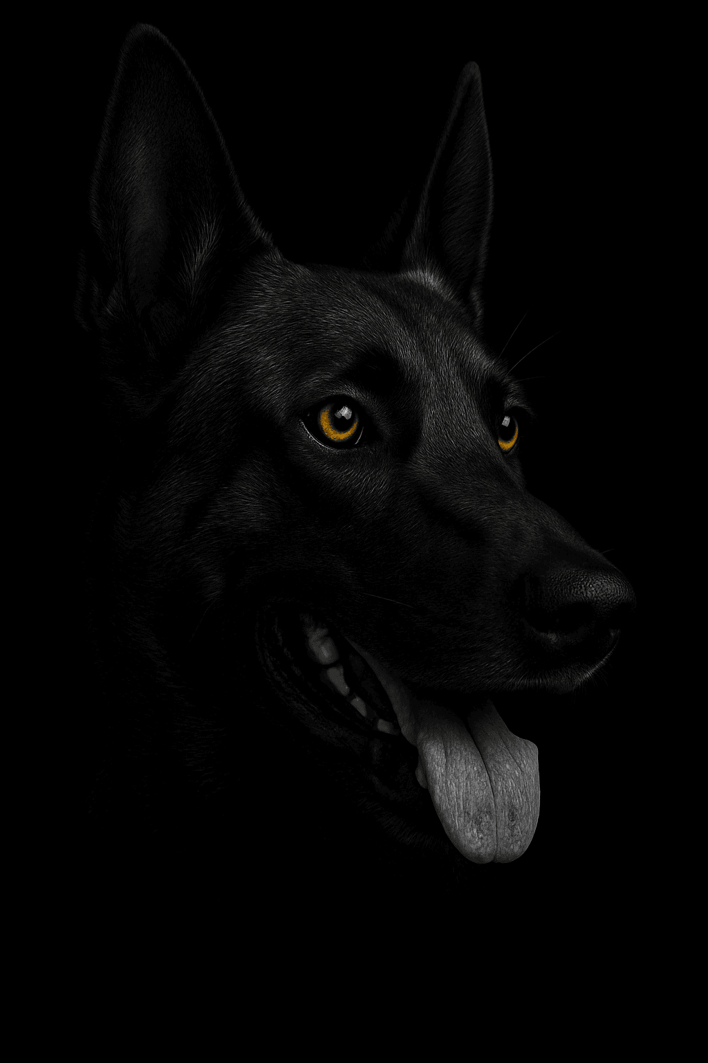 Black dog with golden eyes on a black background.