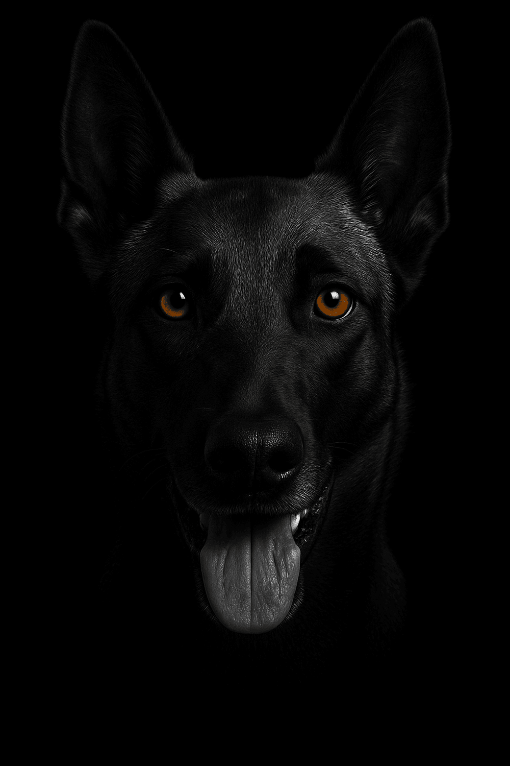 Black dog with golden eyes on a black background.